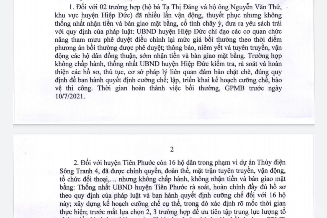 Văn bản kết luận của Phó Chủ tịch UBND tỉnh Quảng Nam Nguyễn Hồng Quang về việc cưỡng chế người dân chưa thống nhất nhận tiền bồi thường, GPMB tại dự án thủy điện Sông Tranh 4.