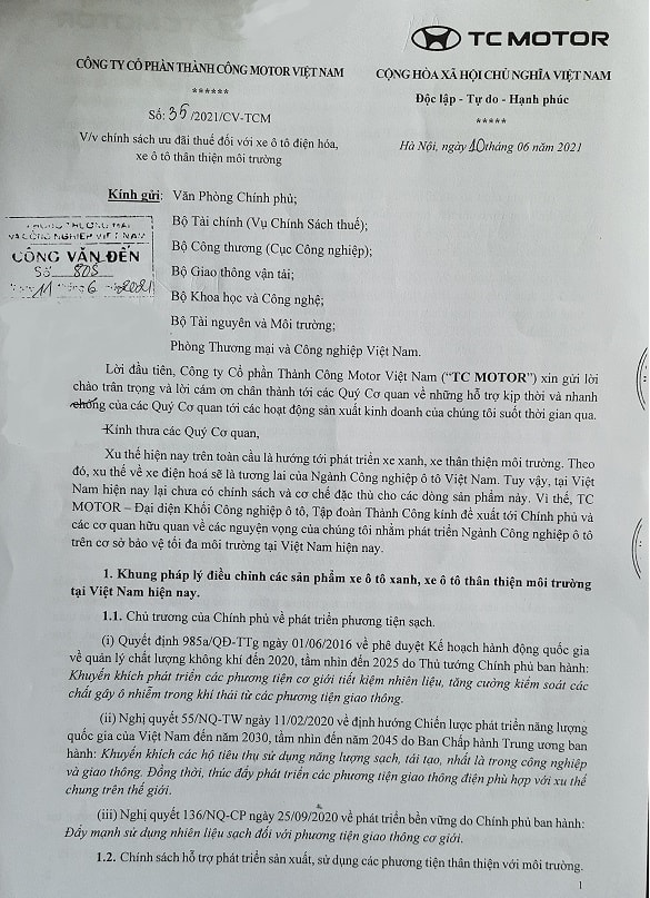 Văn bản của TC MOTOR gửi Văn phòng Chính phủ, các Bộ và Phòng Thương mại và Công nghiệp Việt Nam