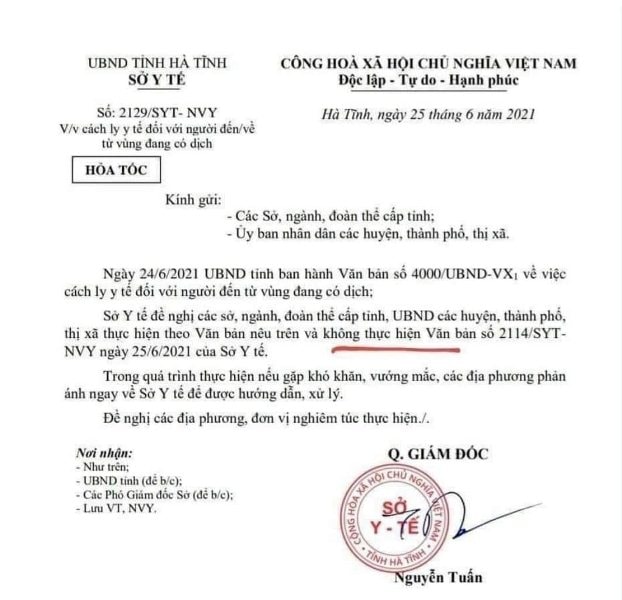 Cùng ngày, Sở Y tế Hà Tĩnh tiếp tục ban hành văn bản yêu cầu không thực hiện theo văn bản 2114 đã ban hành trước đó