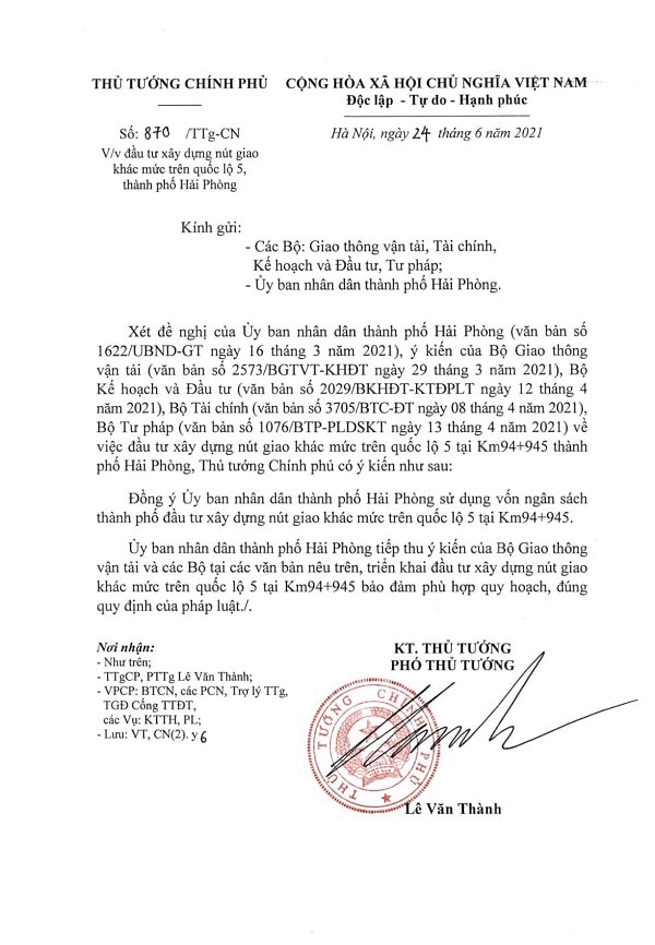 Văn bản của Thủ tướng Chính phủ đồng ý để TP Hải Phòng sử dụng vốn ngân sách thành phố đầu tư xây dựng nút giao khác mức trên QL5 tại Km94+945