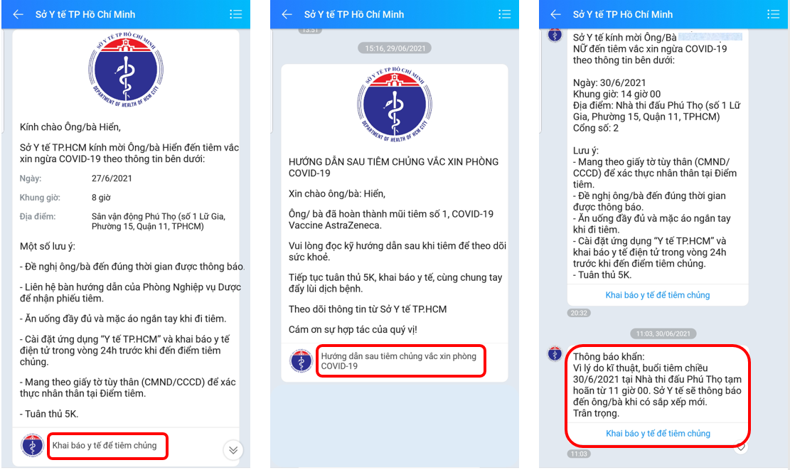 Thông tin hướng dẫn tiêm chủng từ Zalo Sở Y tế TP.HCM