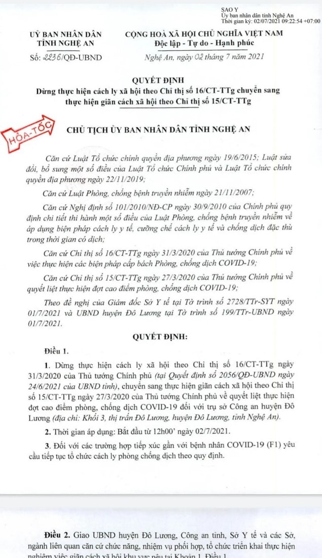 Nghệ An đã chuyển trạng thái cách ly xã hội theo Chỉ thị 16 sang giãn cách xã hội theo Chỉ thị 15 của Thủ tướng Chính phủ đối với trụ sở Công an huyện Đô Lương từ 12h00 ngày 2/7