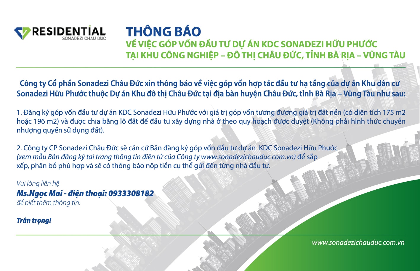 Thông báo của Sonadezi Châu Đức về việc góp vốn đầu tư dự án Khu dân cư Sonadezi Hữu Phước