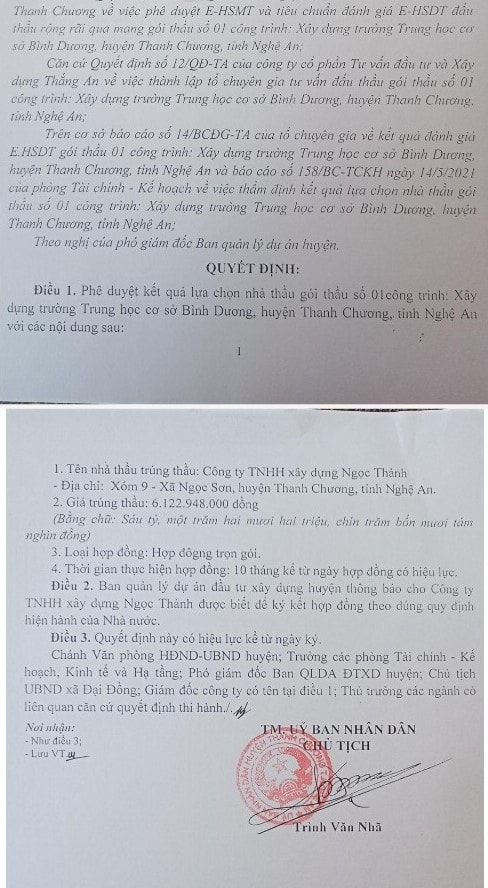 Một trong những Quyết định về kết quả trúng thầu với mức giá 