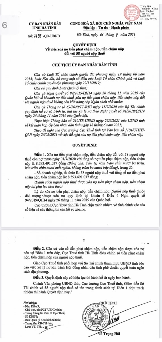 Quyết định của UBND tỉnh Hà Tĩnh về việc xóa nợ tiền phạt chậm nộp, tiền chậm nộp đối với 58 người nộp thuế.