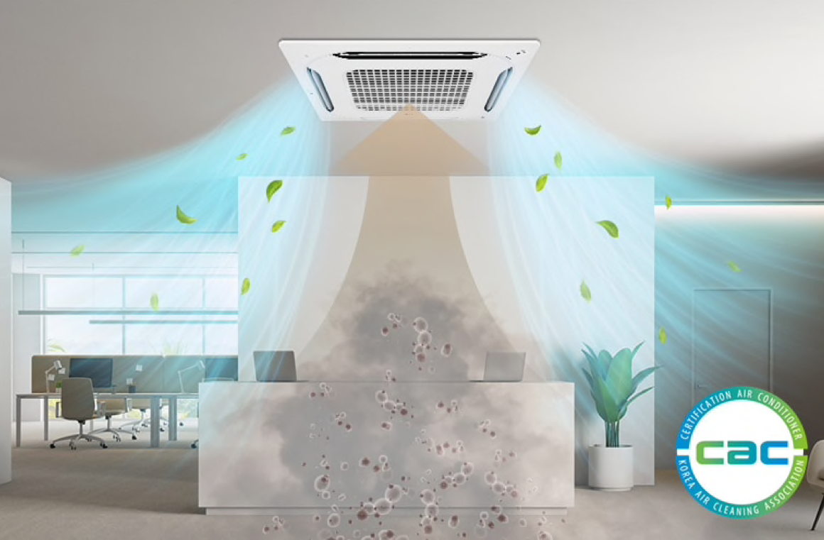 Điều hòa LG cassette cánh vẫy kép thông minh vượt trội với hệ thống lọc 5 bước, có thể khử bụi siêu mịn vô hình PM1.0, loại bỏ mùi khó chịu và có bộ tạo Ion giúp tăng độ trong lành.