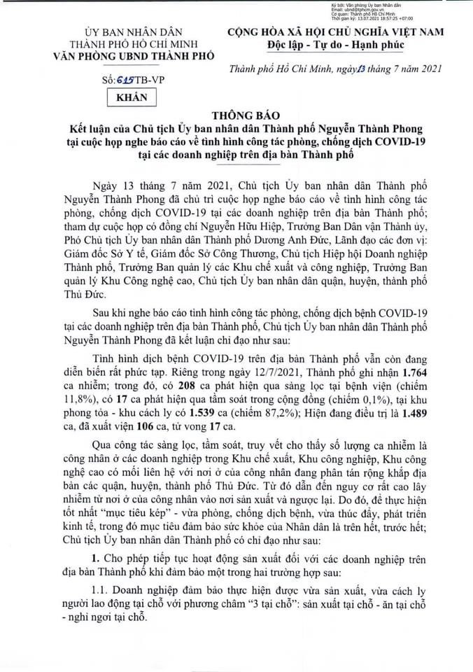 văn bản khẩn gửi các cơ quan ban ngành, doanh nghiệp trên địa bàn TP về việc dừng hoạt động của các doanh nghiệp nếu không đảm bảo công tác phòng chống dịch Covid-19.