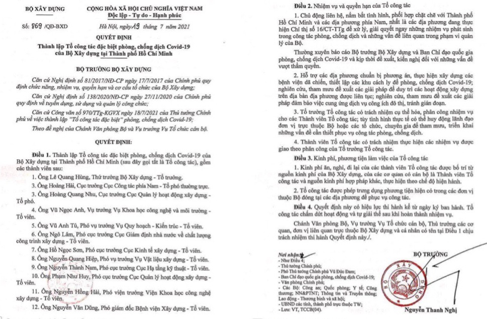 uyết định thành lập Tổ công tác đặc biệt phòng, chống dịch COVID -19 của Bộ Xây dựng tại TPHCM do Thứ trưởng Lê Quang Hùng làm Tổ trưởng.