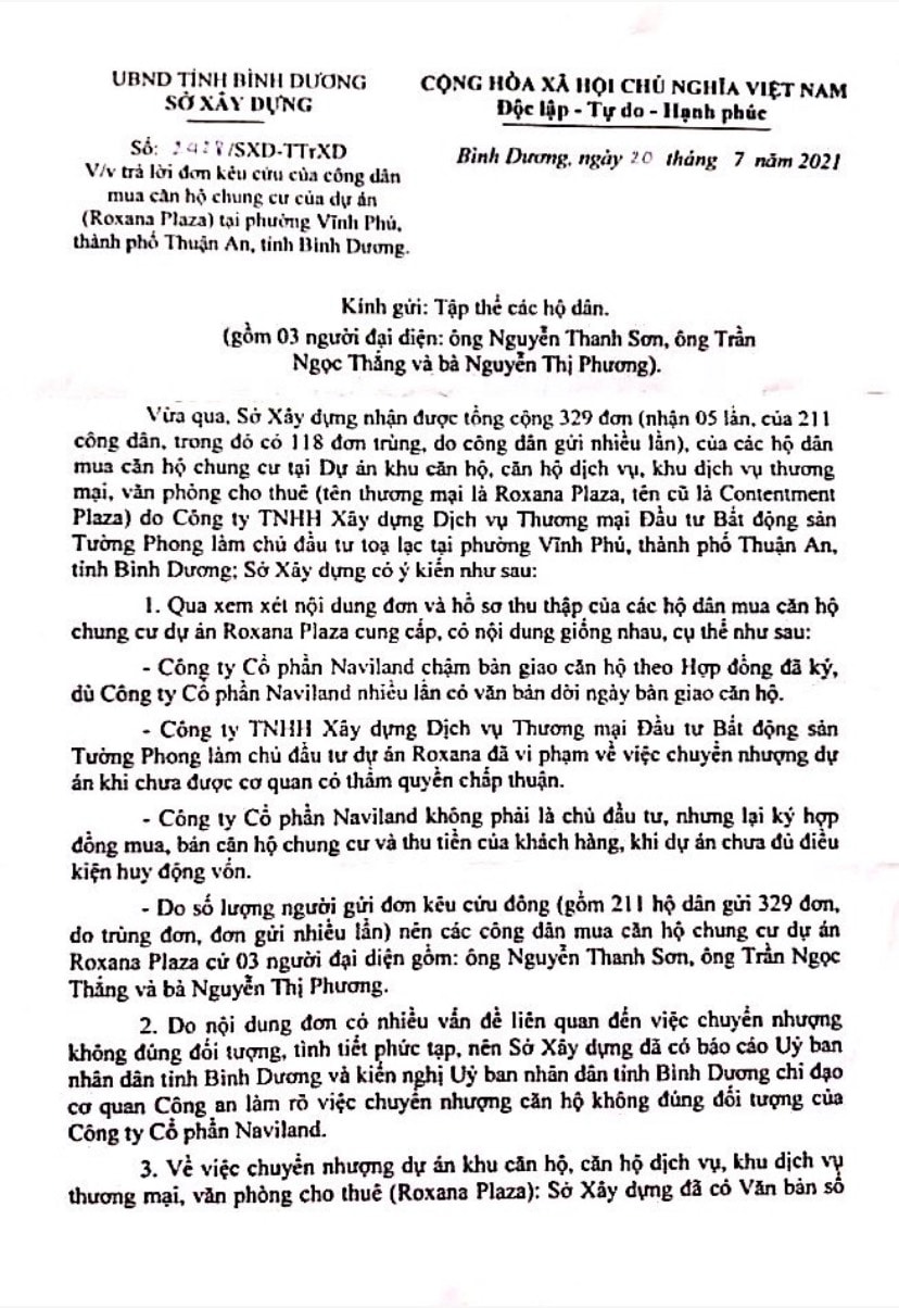 ở Xây dựng tỉnh Bình Dương vừa có phản hồi liên quan đến về việc hàng trăm khách hàng mua căn hộ tại dự án Roxana Plaza (phường Vĩnh Phú, TP Thuận An) p