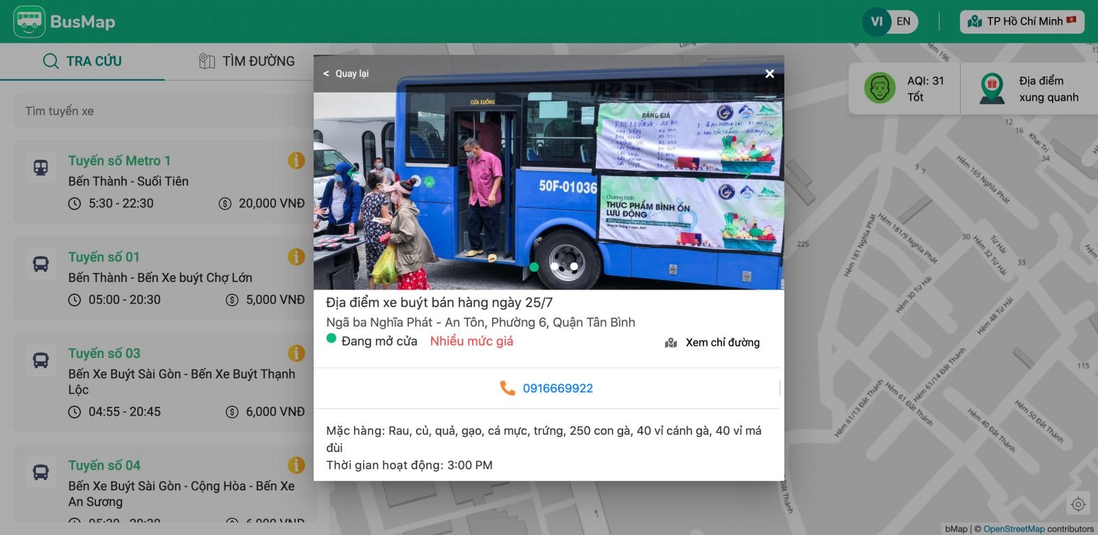 Thông tin về xe buýt bán thực phẩm được hiển thị trực quan trên ứng dụng BusMap giúp người dân thuận tiện nắm bắt thông tin và mua thực phẩm 