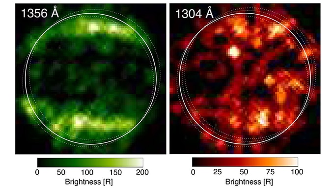 Các bức ảnh UV tiết lộ hai dải cực quang trên mặt trăng Ganymede. Ảnh: STIS/NASA/ESA.