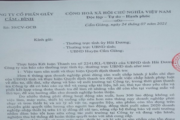 kết luận Thanh tra sổ 2241/KL - UBND của UBND tỉnh Hải Dương yêu cầu công ty dừng ngay hoạt động sản xuất gạch ceramic do không có các thủ tục đầu tư, đất đai, xây dựng, vị trí sát dân cư