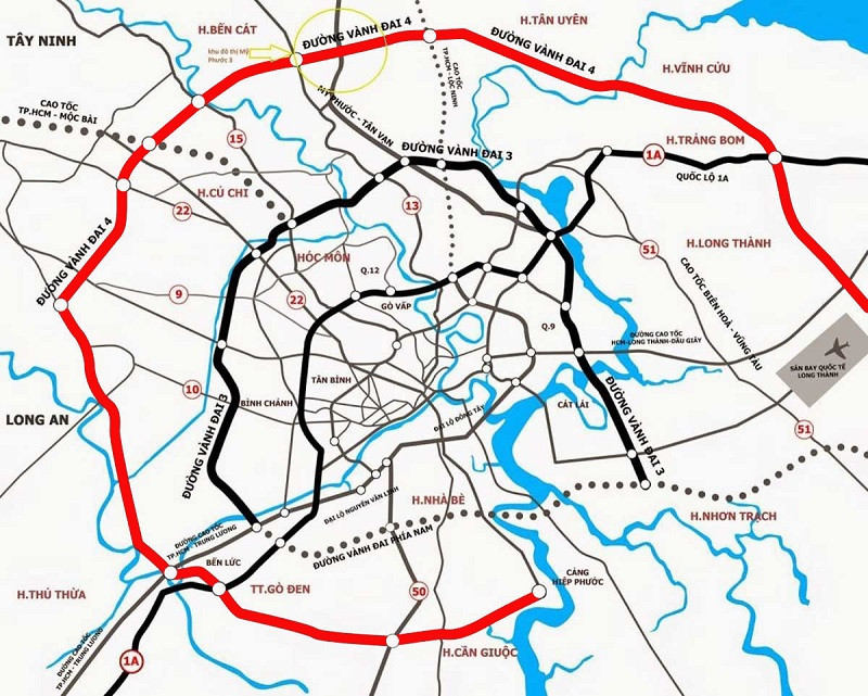 Sơ đồ quy hoạch đường Vành đai 4 TP.HCM, với chiều dài toàn tuyến 198km, tổng vốn đầu tư gần 100.000 tỷ đồng.