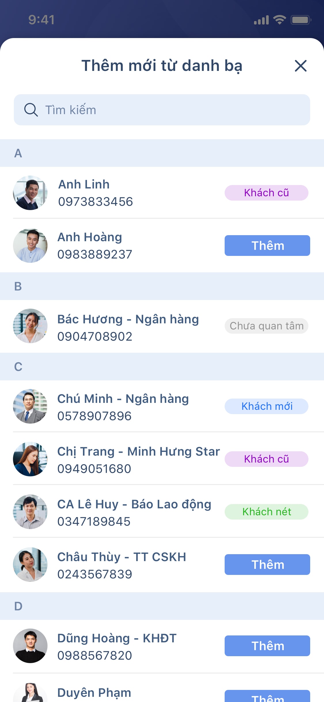 Ảnh chụp màn hình tính năng thêm mới khách hàng từ danh bạ trên Meey CRM