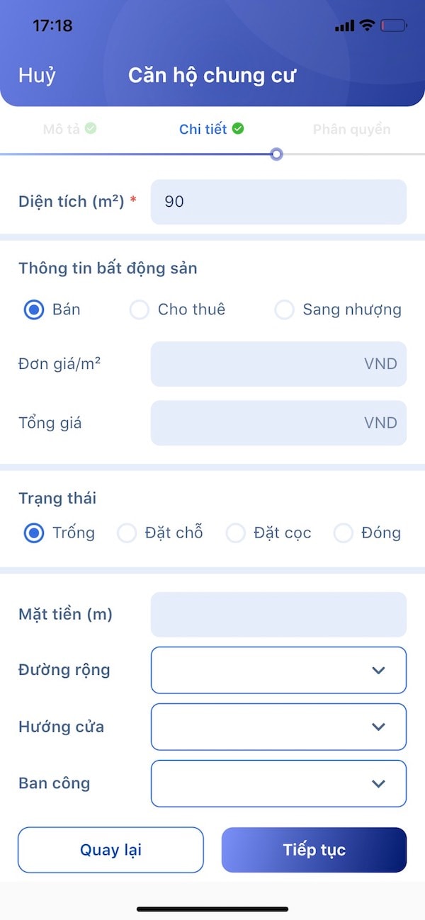 Ảnh chụp màn hình các trường thông tin được gợi ý khi nhà môi giới lưu trữ một bấtp/động sản mới trên Meey CRM