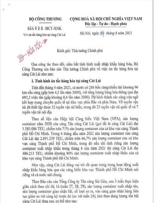 công văn hỏa tốc vừa được Bộ trưởng Bộ Công Thương Nguyễn Hồng Diên gửi Thủ tướng Chính phủ.