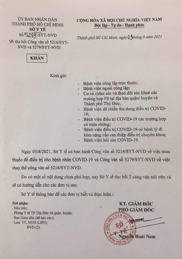 Nội dung văn bản mới nhất thu hồi 2 văn bản ban hành trước đó của Sở Y tế Thành phố Hồ Chí Minh.