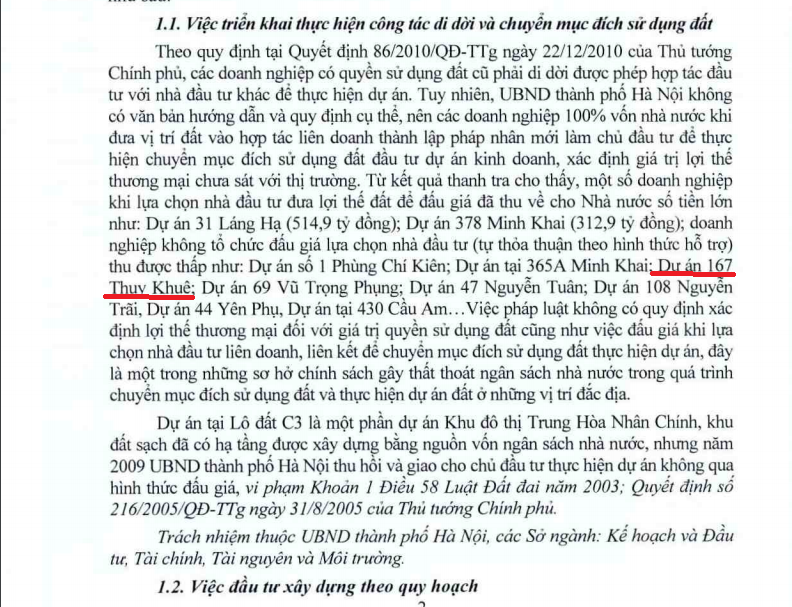 Thông báo Thanh tra dày 30 trang, trong đó Dự án 167 Thụy Khuê được nhắc tới 1 lần trong phần nội dung 1.1 nhưng báo chí đã suy diễn ra sai phạm của chủ đầu tư không đúng sự thật.