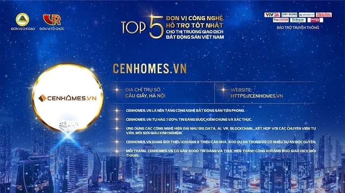 Cenhomes.vn với khoảng 2 triệu căn nhà, 500 dự án lọt Top 5 Đơn vị công nghệ hỗ trợ tốt nhất cho thịp/trường giao dịch BĐS