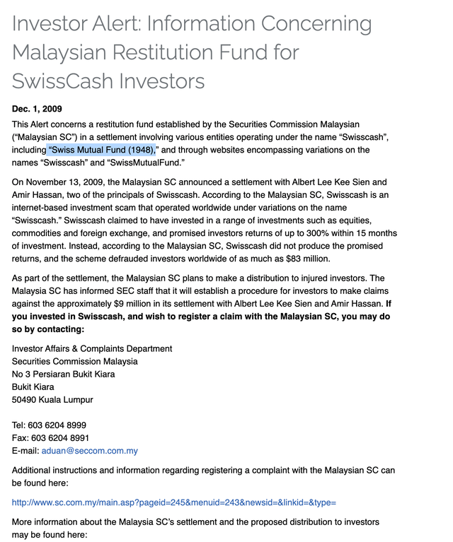 Thông tin về Swiss Mutual Fund (1948) lừa đảo được đăng tải năm 2009