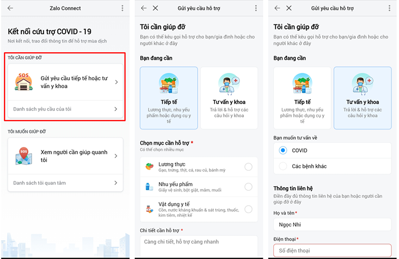 Tham gia Zalo Connect để nhận được sự giúp đỡ về lương thực, nhu yếu phẩm, thuốc men,... Ảnh chụp màn hình.