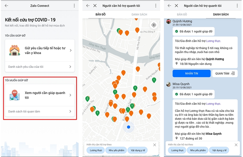 Thông tin được chia sẻ và cập nhật trên hệ thống bản đồ để nhận được giúp đỡ từ cộng đồng. Ảnh chụp màn hình