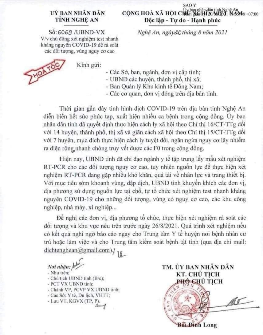 Do việc xét nghiệm truy vết COVID-19 quá tải nên UBND tỉnh Nghệ An chỉ khuyến khích cho các huyện, thị, tổ chức...xét nghiệm tại chỗ