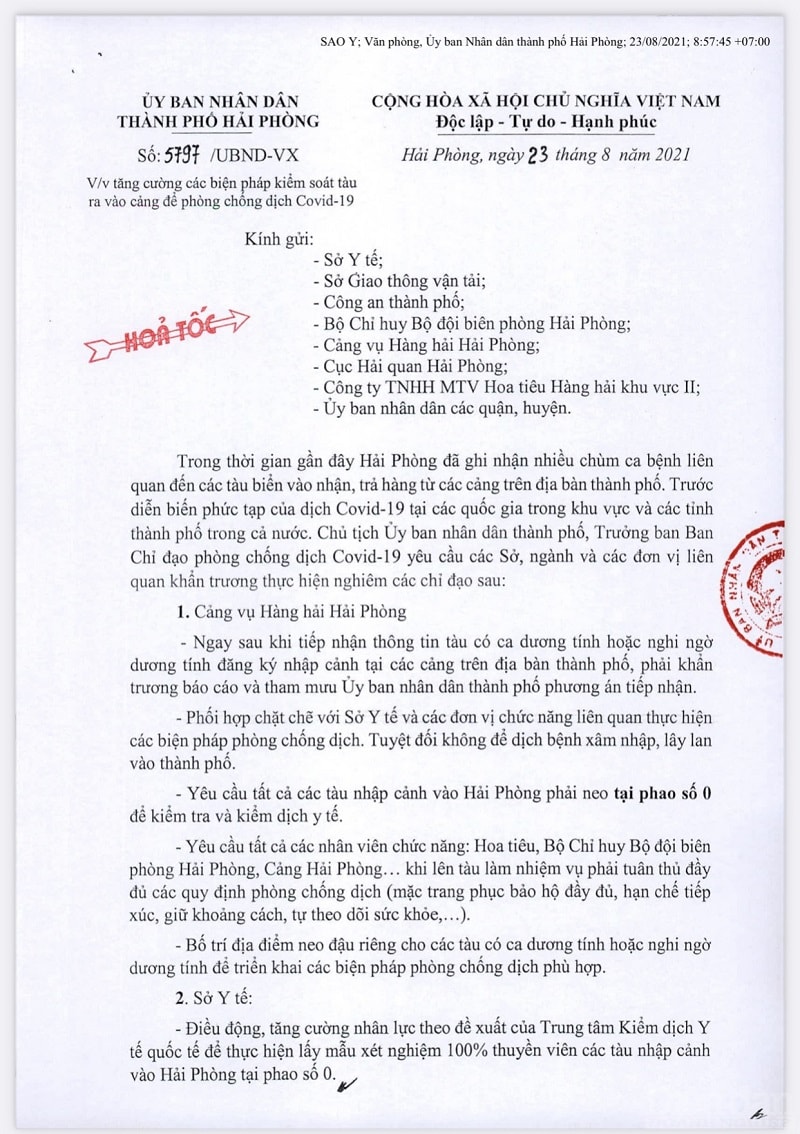 Văn bản số 5797/UBND-VX về việc tăng cường các biện pháp kiểm soát tàu ra vào cảng để phòng chống dịch COVID-19