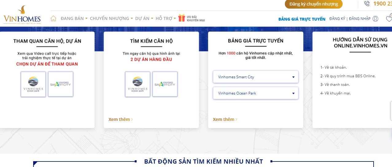 Giao diện Sàn thương mại điện tử bất động sản Vinhomes Online