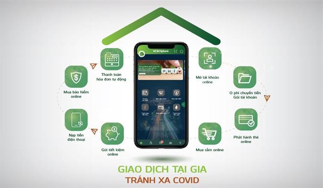 Vietcombank đẩy mạnh cung ứng chuỗi dịch vụ ngân hàng khép kín trên kênh trực tuyến “Giao dịch tại gia, tránh xa Covid” giúp khách hàng có thể thực hiện giao dịch ngay tại nhà.