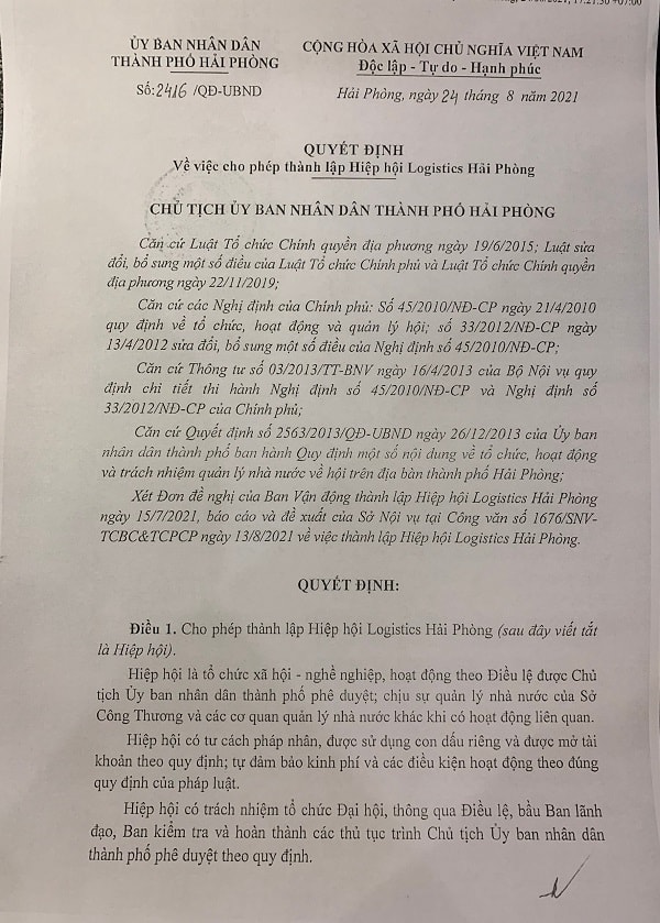 Quyết định của UBND TP Hải Phòng cho phép thành lập Hiệp hội Logistics Hải Phòng