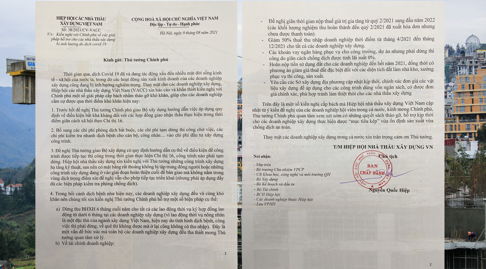 Hiệp hội các nhà thầu xây dựng Việt Nam (VACC) đã có công văn gửi Thủ tướng Chính phủ