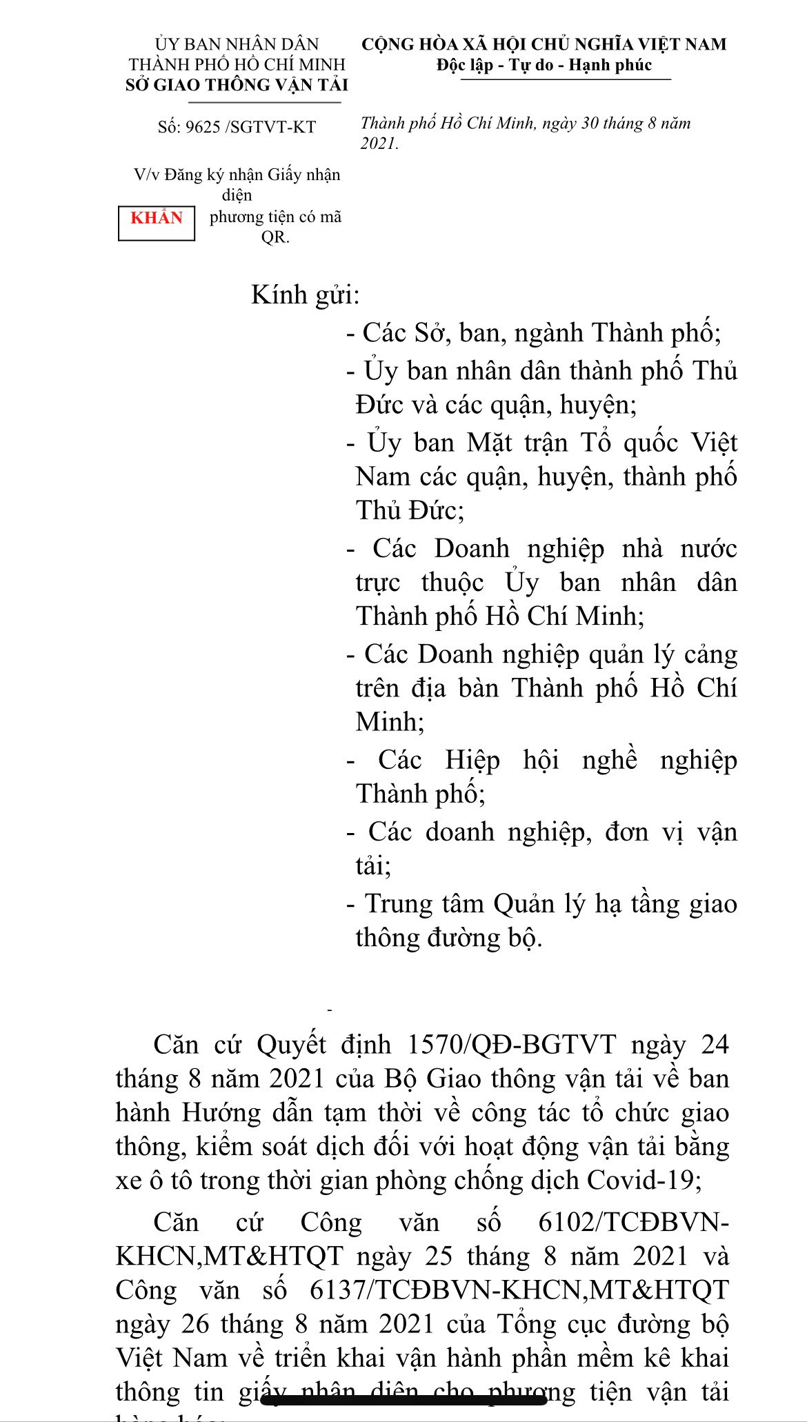 văn bản khẩn hướng dẫn đăng ký nhận giấy nhận diện phương tiện có mã QR