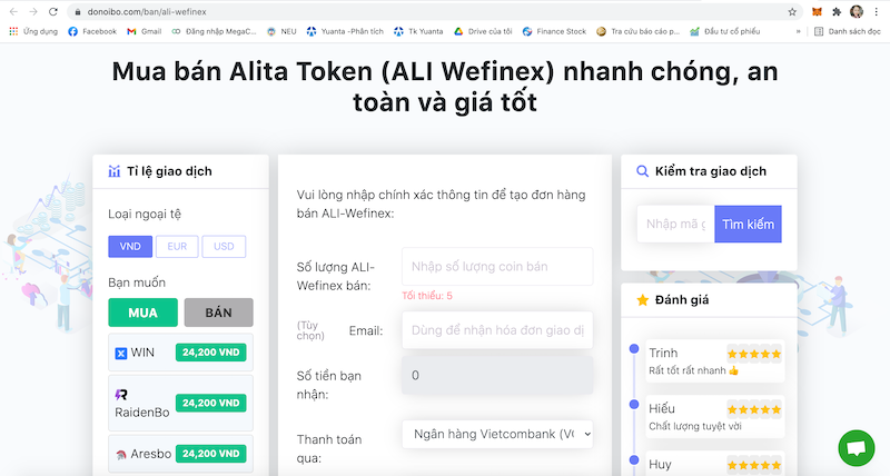 Hoạt động mua bán ALI Token được diễn ra công khai trên cổng website: donoibo.com (ảnh: Diễm Ngọc)