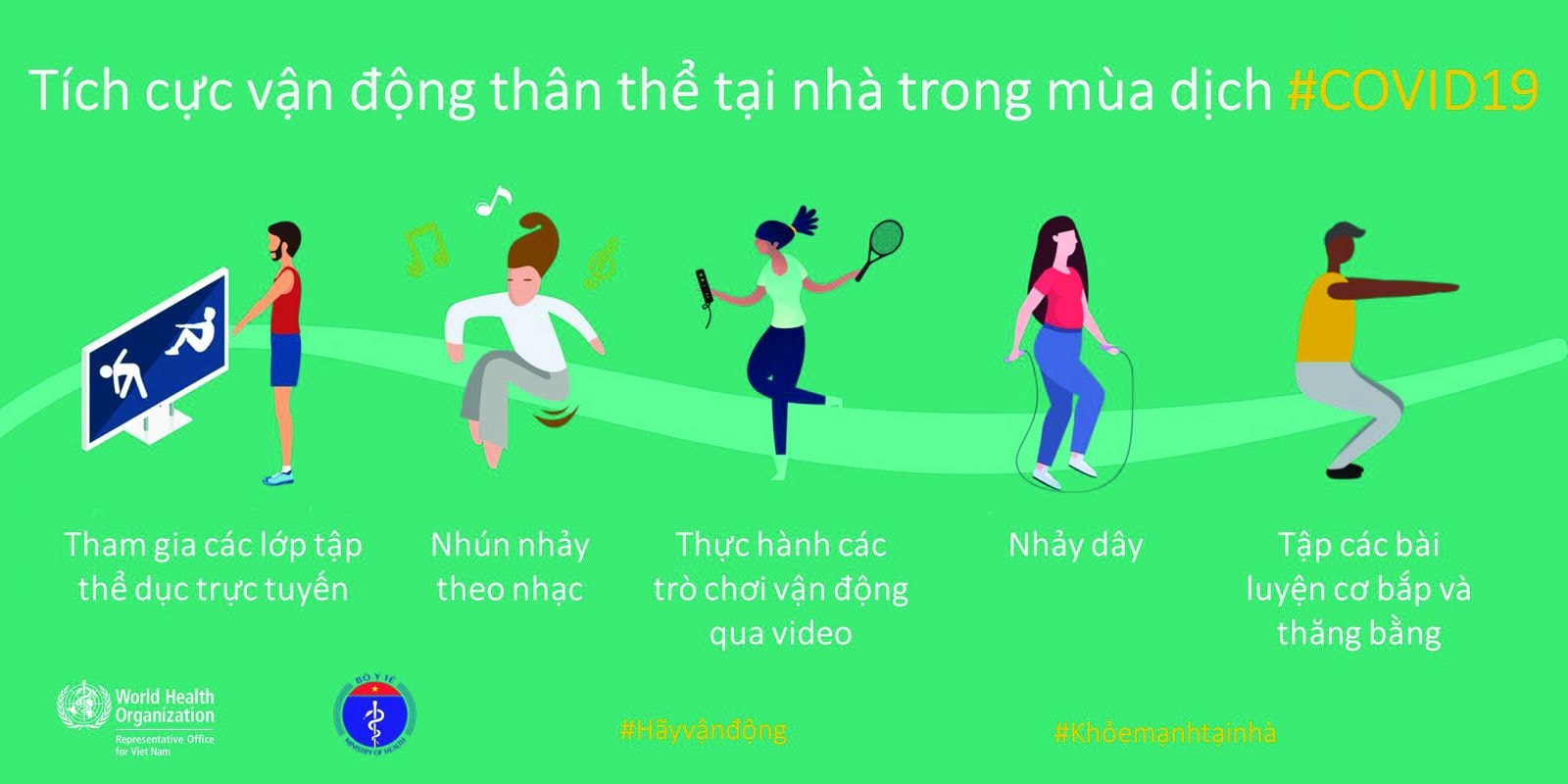 Bộ Y tế và Tổ chức Y tế thế giới (WHO) tại Việt Nam hướng dẫn một số cách vận động để mọi người có thể tập luyện ở nhà trong mùa dịch. 