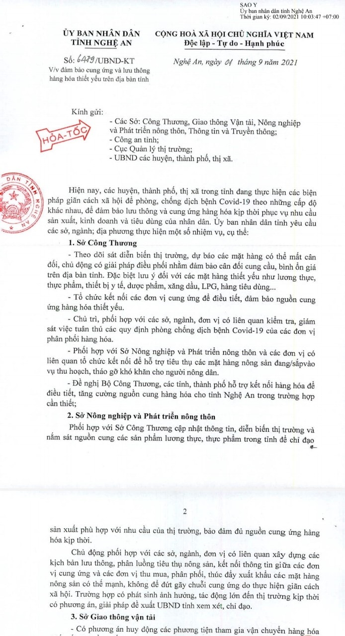 Nghệ An hoả tốc yêu cầu các đơn vị liên quan không để xảy ra tình trạng đứt gãy chuỗi cung ứng hàng hoá trong bối cảnh dịch COVID-19 kéo dài