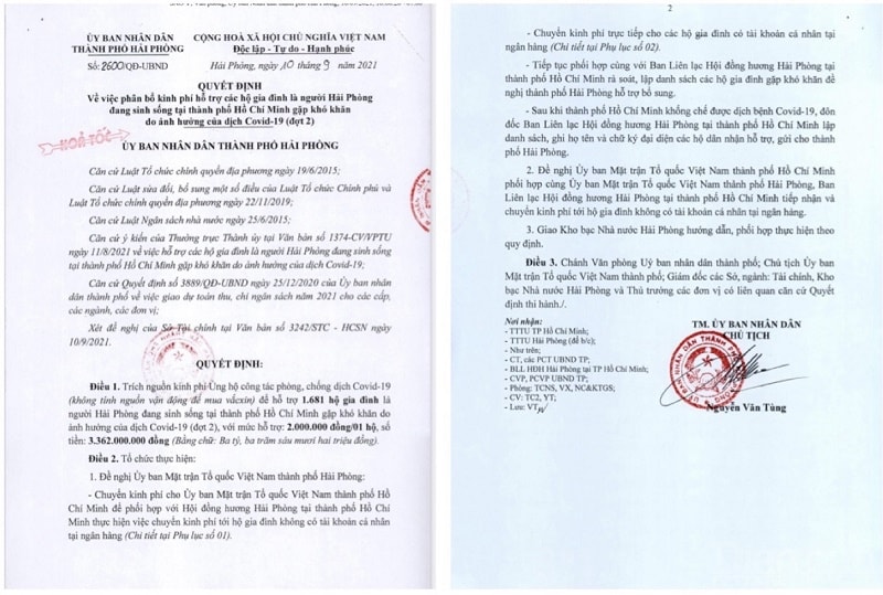 Theo QĐ số 2600/QĐ-UBND ngày 10/9/2021 TP Hải Phòng trích nguồn kinh phí ủng hộ công tác phòng, chống dịch COVID-19