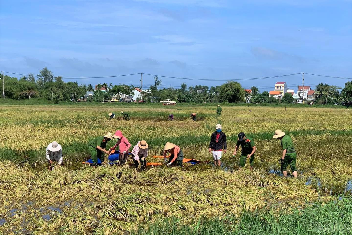 Lực lượng Công an TP Hội An hỗ trợ người dân khắc phục hậu quả sau mưa lớn.