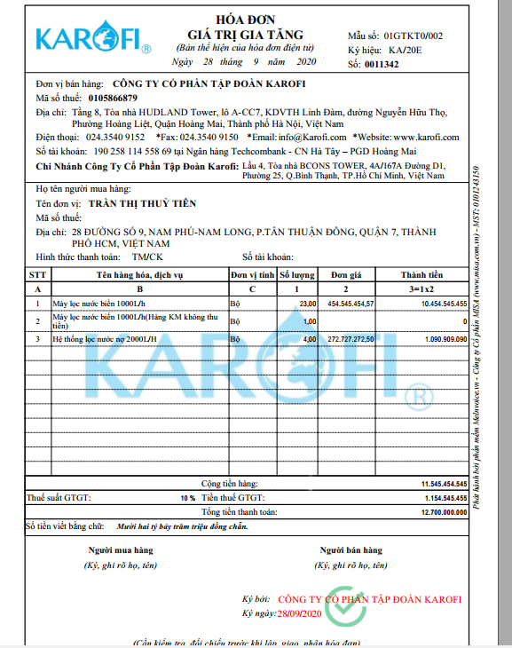 Hóa đơn mà Karofi xuất cho dự án Thủy Tiên