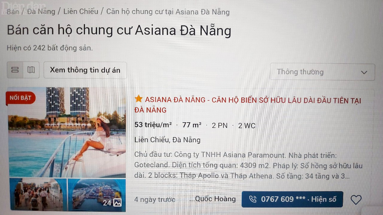 Dự án căn hộ chung cư Asiana Đà Nẵng được quảng cáo, rao bán trên mạng.