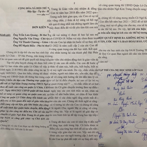Tập thể phụ huynh lớp 9A10 trường Ngô Quyền làm đơn kiến nghị về quyết định chuyển công tác của cô Ngô Kim Trang.