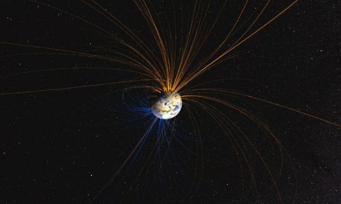 Mô phỏng các đường sức từ của từ trường Trái Đất. Ảnh: NASA.