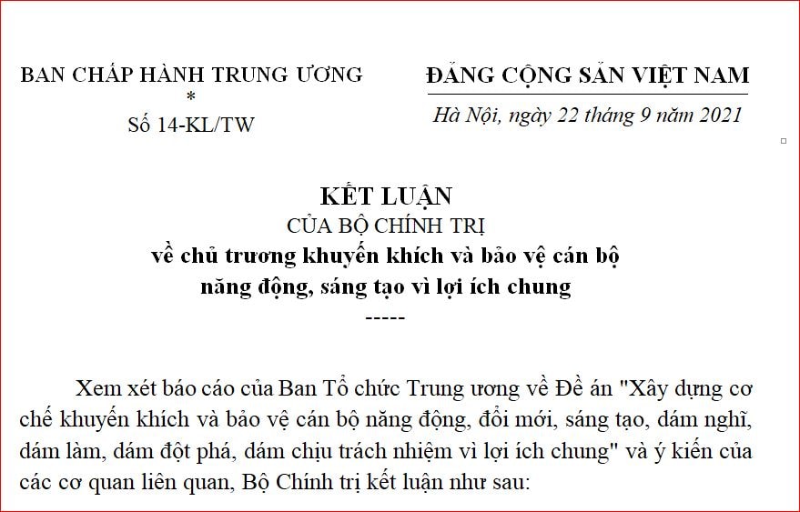 Kết luận số 14 ngày 22/9 của Bộ Chính trị