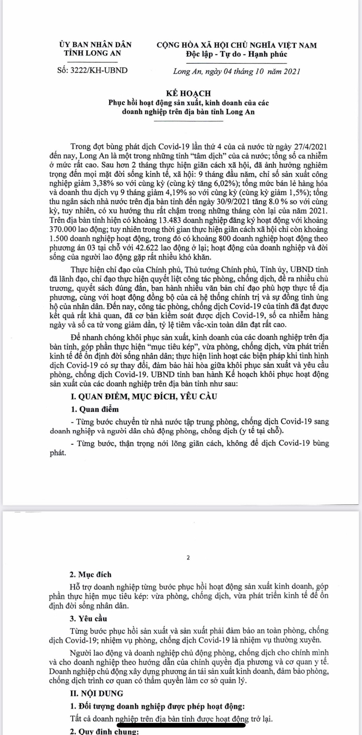 văn bản số: 3222/KH-UBND, ngày 4/10/2021 của UBND tỉnh Long An về Kế hoạch phục hồi hoạt động sản xuất, kinh doanh của các doanh nghiệp trên địa bàn tỉnh Long An, 
