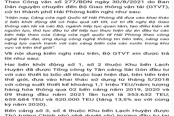 Bộ Giao thông vận tải vừa có văn bản số 11169/BGTVT-KHĐT gửi Đoàn đại biểu Quốc hội thành phố Hải Phòng trả lời kiến nghị cử tri về đầu tư các bến tiếp theo của Cảng cửa ngõ quốc tế Hải Phòng.