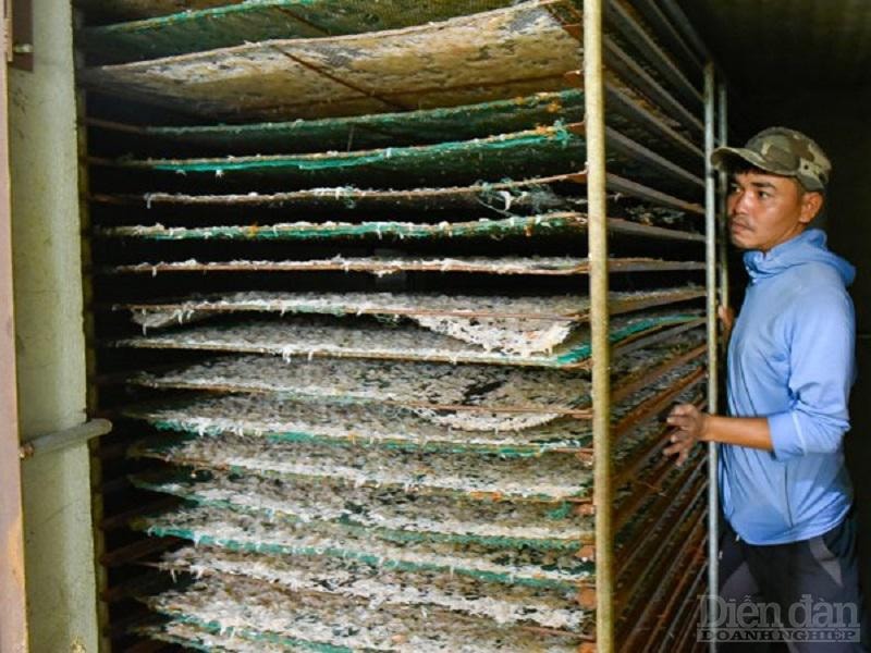 Công nhân đưa ruốc vào lò sấy