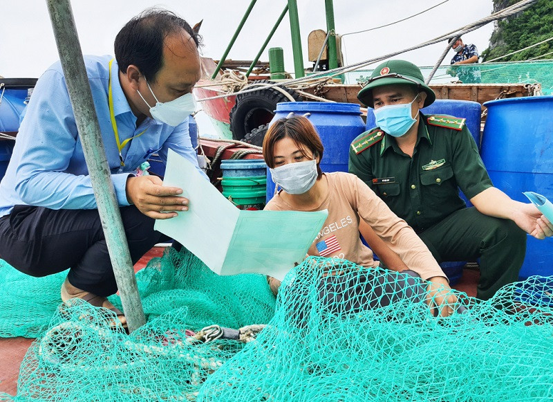 Lực lượng chức năng tỉnh Quảng Ninh tuyên truyền chống khai thác thủy sản trái phép đến các chủ tàu khai thác thủy sản tuyến khơi tại cảng cá Cái Rồng