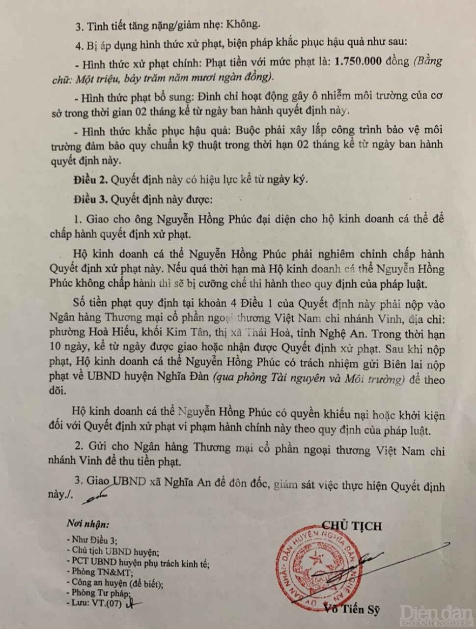 Hoạt động trái phép, vi phạm pháp luật về bảo vệ môi trường, cơ sở chế biến tinh bột sắn ở xã Nghĩa Khánh tiếp tục bị UBND huyện Nghĩa Đàn ra quyết định xử phạt hành chính