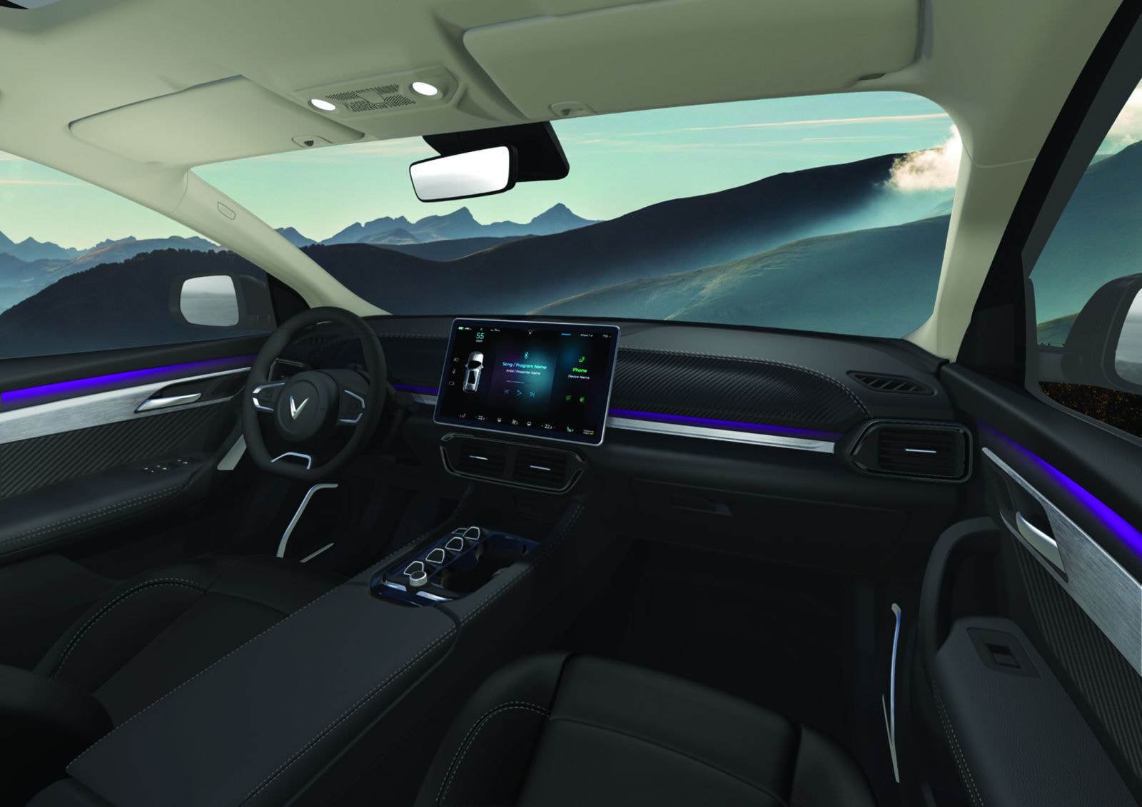 Vinfast đang nỗ lực để có thể cạnh tranh với Tesla về xe hơi điện thông minh. Ảnh: Buồng lái xe điện tự hành VF33.