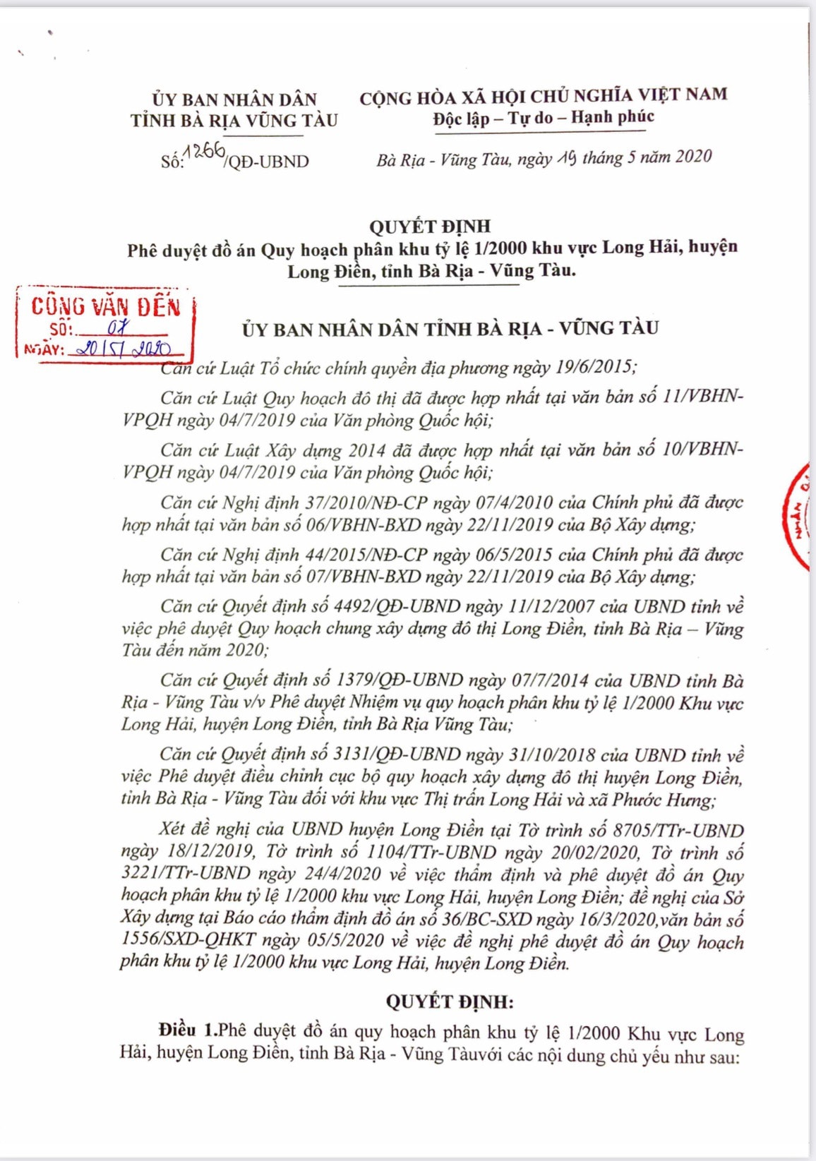 Quyết định số 1266/QĐ-UBND, phê duyệt đồ án quy hoạch phân khu tỷ lệ 1/2000 khu vực Long Hải, huyện Long Điền, tỉnh Bà Rịa – Vũng Tàu